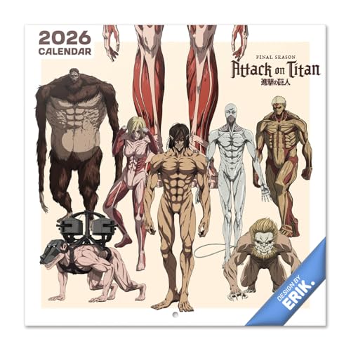 Grupo Erik Calendario 2026 pared Attack on Titan - Almanaque pared 2026 Anime : Planificador mensual Con espacio para Anotar, Ilustraciones y Fácil de colgar (30x30cm)