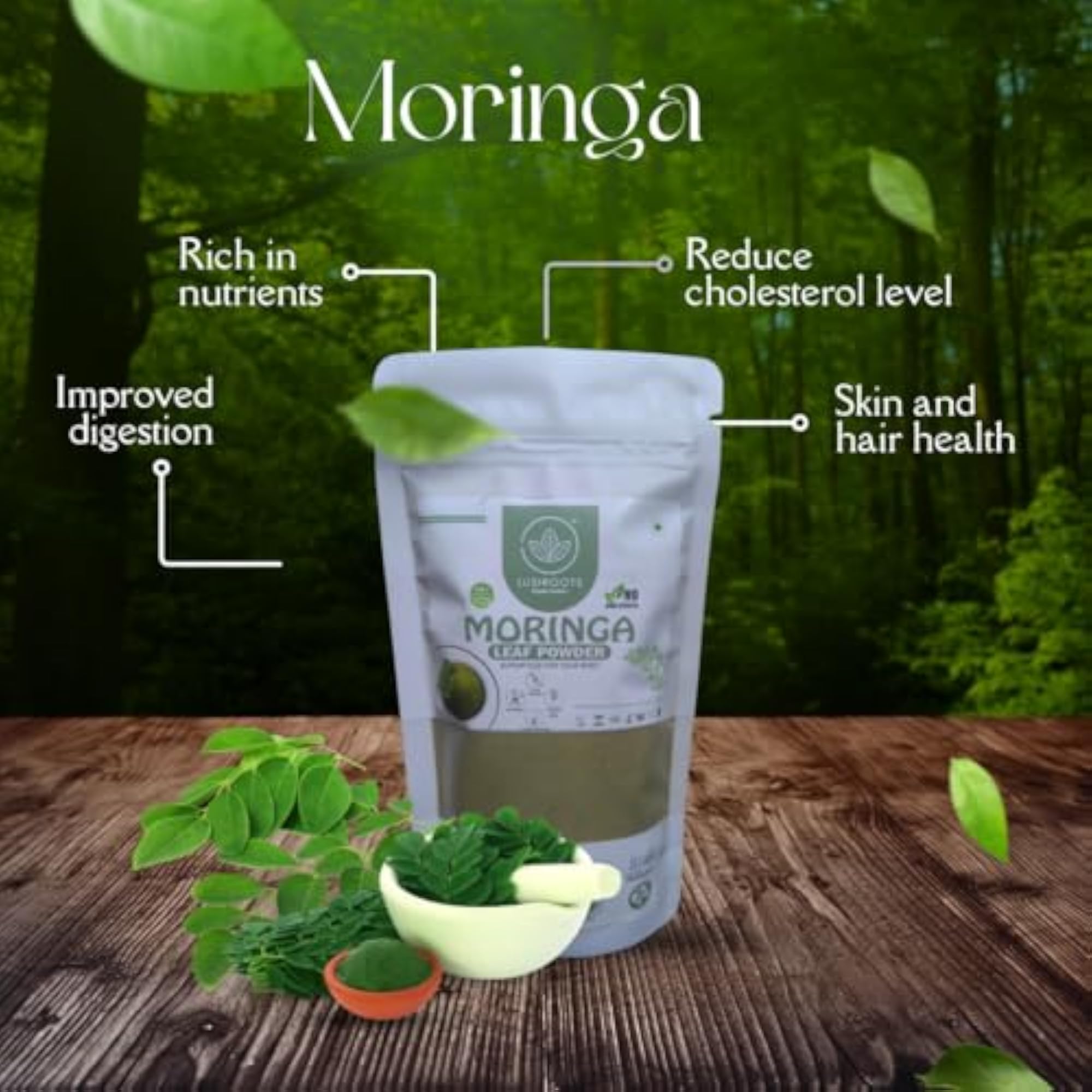 LUSHROOTS Moringa Leaf Powder, 100g Natural Supplement