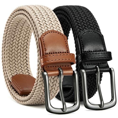 Image of CHAOREN Stretch Belt Men 2 Pack - 1 3 /8 inch Braided Golf Belts For Men - Casual Elastic For Pants and Jeans