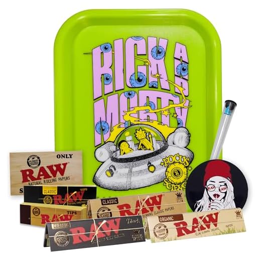 THE BOAT Regalo para Fumadores Bandeja para Liar Rick y Morty 25 x 19 cm + Papel Raw Organic, Black y Classic King Size + Tips + Pegatinas + Portacigarros – Producto Oficial