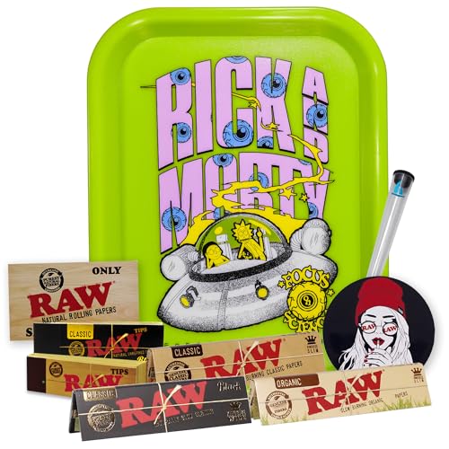 THE BOAT Regalo para Fumadores Bandeja para Liar Rick y Morty 25 x 19 cm + Papel Raw Organic, Black y Classic King Size + Tips + Pegatinas + Portacigarros – Producto Oficial