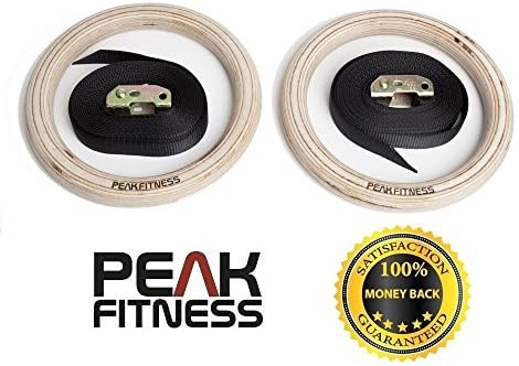 Peak Fitness The Ultimate Wooden Gymnastic Rings for Crossfit Exercises and Home Gym Training Workouts. 2 Olympic Strength Gym Rings Made of Wood with Buckle Straps