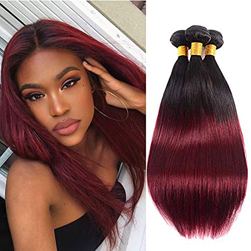 muaowig Burgundy Human Hair Bundles #1b99j Tow Tone Hair Weave Black To Red Hair Extensions Straight Brazilian Remy Hair Bundles Grade 8A Ombre Red 3 Bundle 8 10 12 inch