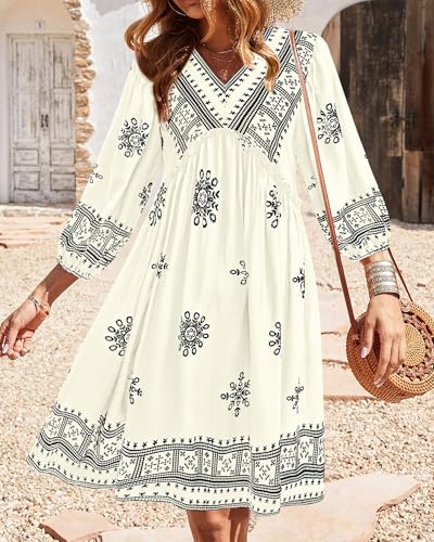 Image of BTFBM Women Casual Spring Summer Dresses V Neck 3 /4 Long Sleeve Ruffle Floral Flowy Boho Babydoll Mini Short Beach Dress