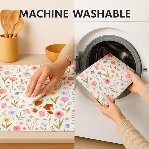 Image of Side-by-Side Door Fridge Shelf Liners Set: Mats for Refrigerator and Freezer Sections -Machine Washable Liners for Glass Shelves, Drawers, and Trays Refrigerator Accessories, Pack of 22(Spring Floral)