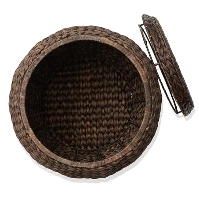 Casafield Round Storage Basket with Lid - Espresso, Handwoven Water Hyacinth Organizer for Laundry, Blankets, Plants, Bedroom, Living Room, Home Office