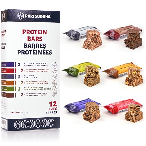 PURI SUDDHA Protein Bars – Variety Pack (Pack of 12) – High Protein Snacks, No Added Sugar, Assorted Energy Bars in Family Package, 600 g