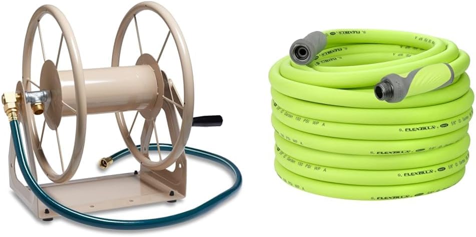 Liberty Garden Products 703-1 Multi-Purpose Steel Garden Wall/Floor Mount Hose Reel, Tan & Flexzilla Garden Hose with SwivelGrip, 5/8 in. x 100 ft., Heavy Duty, Lightweight