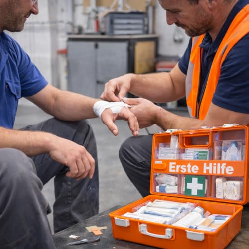 Botiquín de primeros auxilios – DIN 13157 – Maletín para empresas y empresas – Botiquín de primeros auxilios naranja probado según la norma actual – con adhesivo y soporte de pared - imagen 2