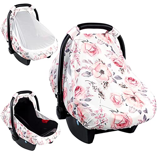 Image of Carseat Cover Girls, Floral Baby Carseat Canopy with Zipper Mesh, Infant Stroller Cover, Watercolor Pink Flower