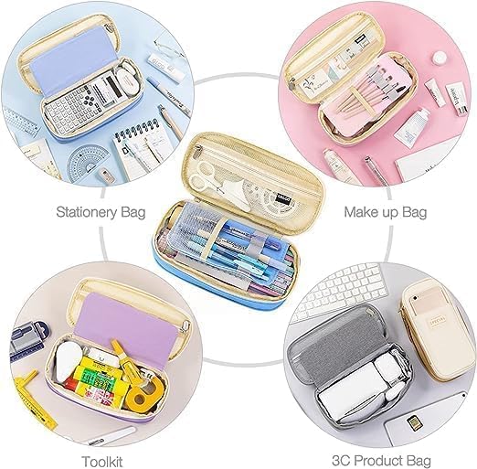 Image of OSDUE Large Capacity Pen Pencil Case Pouch Office College School Pencil Cases Pen Pencil Stationery Pouch for Big Capacity Case Multiple Compartment Pencil Box Pencil Pouch (Light Blue)