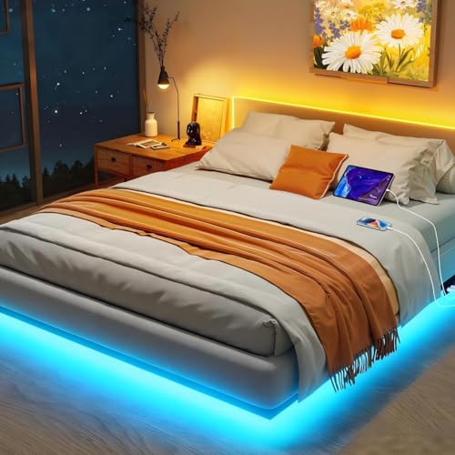 La Mejor Selección de Bases de Cama de Madera los preferidos por los clientes. 47 SAFONUS Base Cama Matrimonial Flotante - con Luces LED Ajustables, Regleta de enchufes con USB, Plataforma de Metal con Listones de Acero Resistente con 9 Puntos de Soporte...