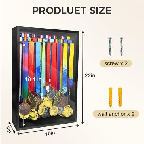 Image of Medal Hanger Display Case, Dust-Proof 22 inchx15 inch Wall Mount medal holder with 3 Hanging Rods & Trophy Shelf, Holds 60+ Medals, HD Tempered Glass, Solid Wood, for gymanstics,race,soccer,swim
