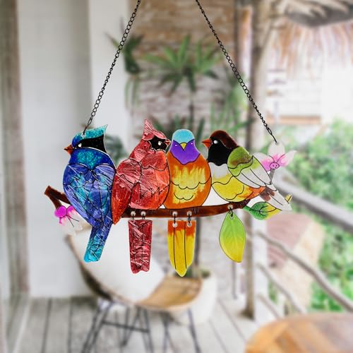 Image of DASTOLL Stained Glass Window Hanging, Birds on A Branch Stain Glass Suncatcher, Hand-Painted Sun Catchers Indoor Window Decoration Bird Lover Gift for Mom, Grandma, Stocking Stuffers for Women