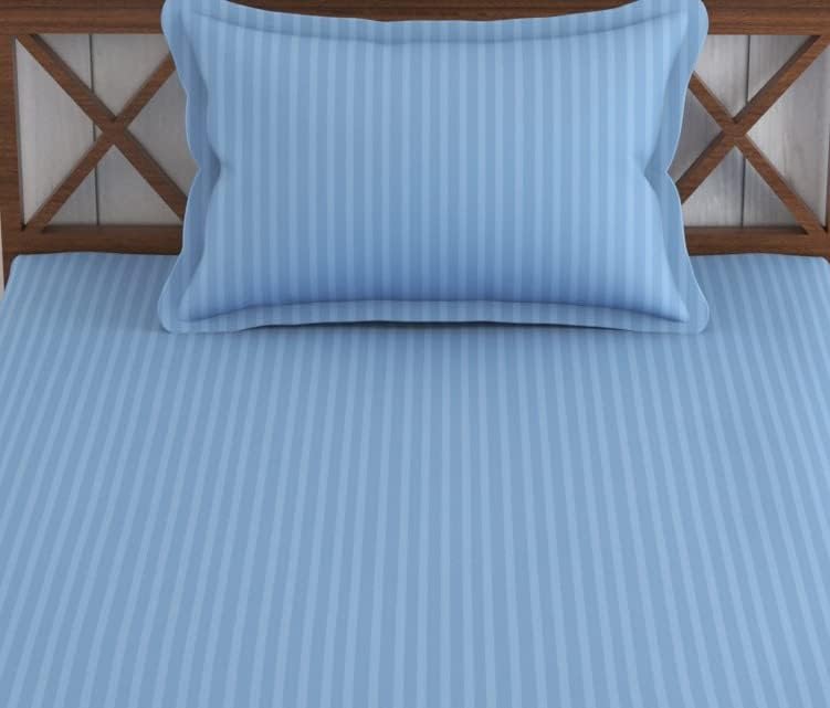 Image of Trance Home Linen 100% Cotton 78x36 inch Single Fitted 200TC Satin Stripe Elastic Fitted Bedsheet | Single Bed Size Daily use Fitted Bedspread with 1 Pillow Covers (78 inchx36 inch | 6.5x3 feet, Sky Blue)