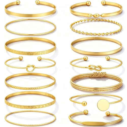 FAXHION Gold Bangle Bracelets for Women, 14 Pcs Multi Layer Stackable Bangle Set, 14K Gold Plated...