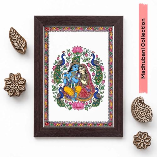 Image of PAPER PAJAMA Radha Krishna Wall Art for Living Room | Madhubani Love & Devotion Painting | Traditional Mithila Folk Art Framed Decor for Home, Bedroom & Office (10x13 Inches)