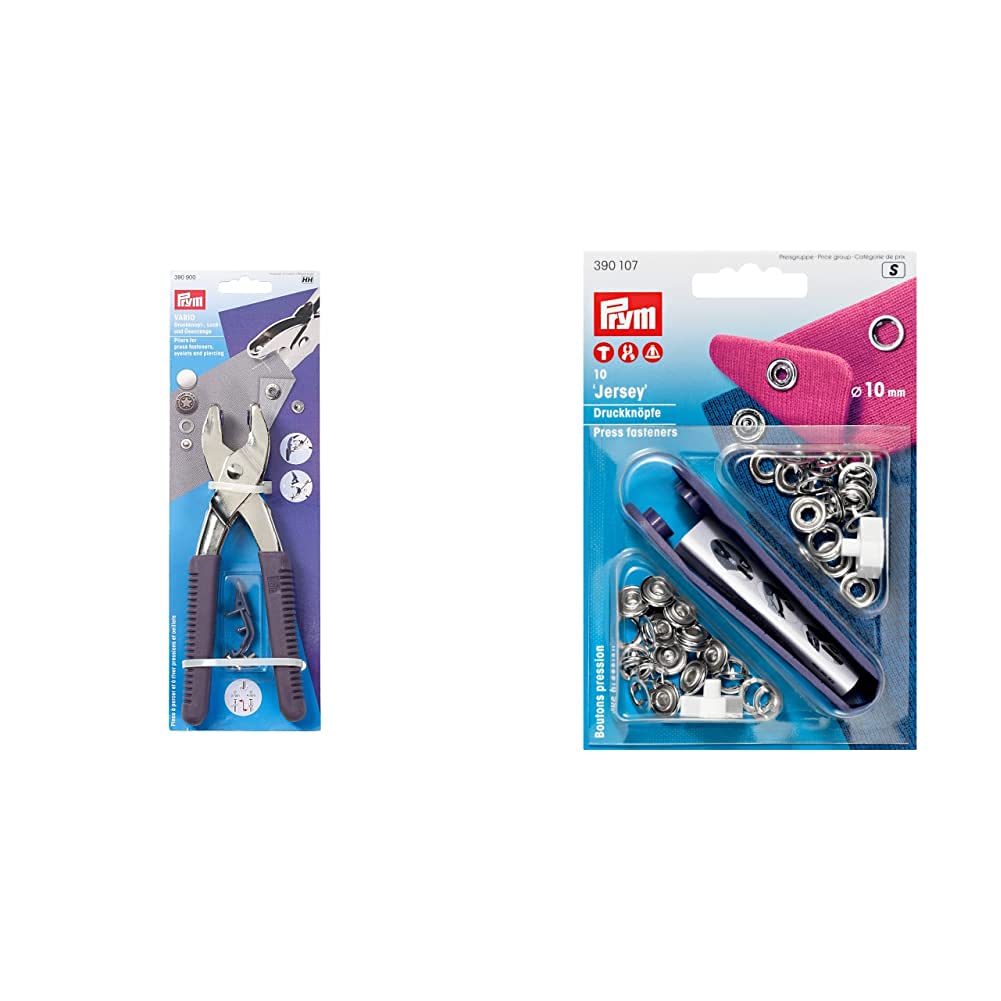 Prym390 900 Vario Pliers with Punching Tool & PRYM_390107-1 Non-sew Press Fasteners Jersey Brass pronged Ring Silver col 10 mm