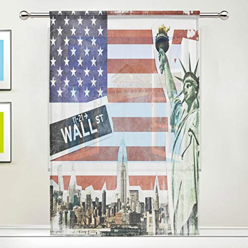 CPYang Rideau transparent motif statue de la Liberté de New York Drapeau américain pour salon, chambre à coucher, porte de cuisine 139,7 x 213,4 cm, 1 panneau
