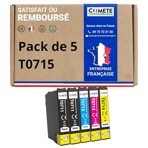 COMETE, Marque Française - T0715-5 Cartouches d'encre Compatibles avec Epson T0715 Guépard - pour Epson Stylus SX205 SX218 SX400 SX510W SX515W DX7450 DX8450 (2 Noir et 3 Couleur)