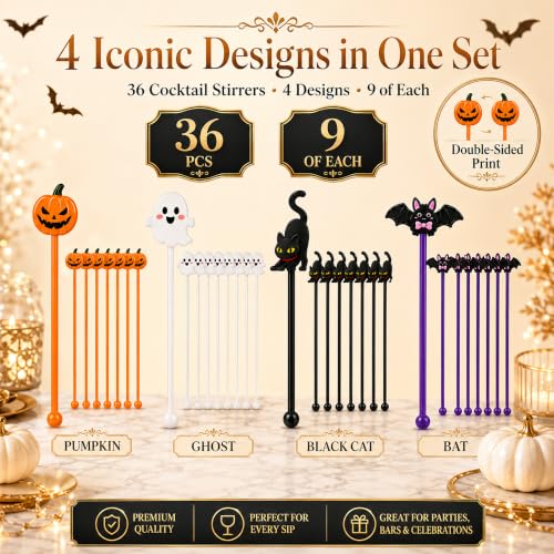 36 Pcs Halloween Cocktail Stirrers, 4 Designs, 7.1 Inch - image 3