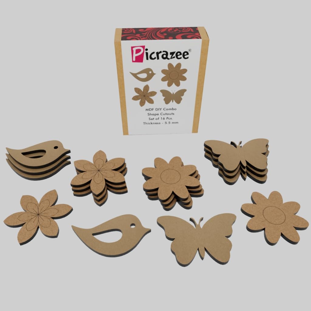 PICRAZEE Mdf Diy Cutouts Combo (16 Pcs) Plain Mdf Blank Cutouts For Diy, Artwork, Decoupage, Resin Art, Craft Project, Home Office Festive Décor (5.5Mm Thick) ,Brown