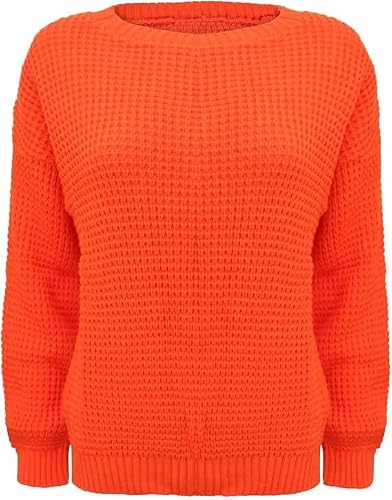 Image of Ladies Chunky Knitted Sweater Pullover for Womens Cosy Baggy Winter Crew Neck Jumper Thick Top Casual Pull On Style Sweater Neon Orange 12-14