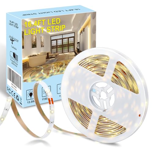 Toyunia LED Strip Light, 3500K Warm White, 16.4ft, Bright LED Tape Lights, Strong 3M Adhesive, Suitable for Home, Kitchen, Under Cabinet, Bedroom LED Strip Light Under Cabinet