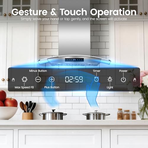 VENFAN 36 inch Wall Mount Range Hood, 1200 CFM Stainless Steel & Tempered Glass Vent Hood with 8-Speed Gesture Sensing and Touch Control, Dishwasher-Safe Baffle Filters, Delay Shutoff Timer - 3