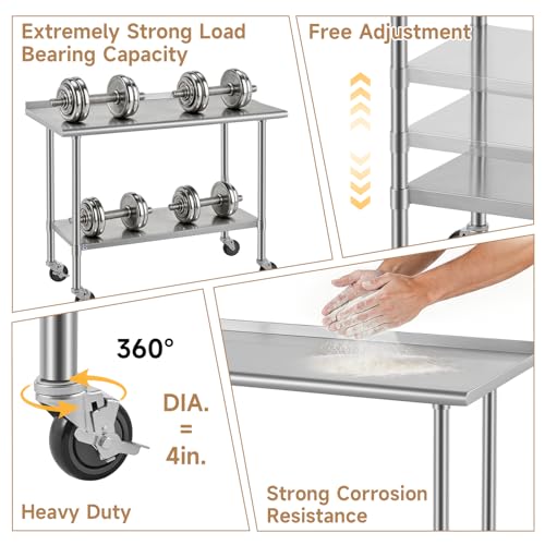 ROCKPOINT All Stainless Steel Prep Table with Caster & Backsplash 24x48 Inch，Commercial Heavy Duty Workbench with Stainless Legs & Adjustable Undershelf,830 lb Capacity for Outdoor Kitchens with Wheel by ROCKPOINT - Image 5