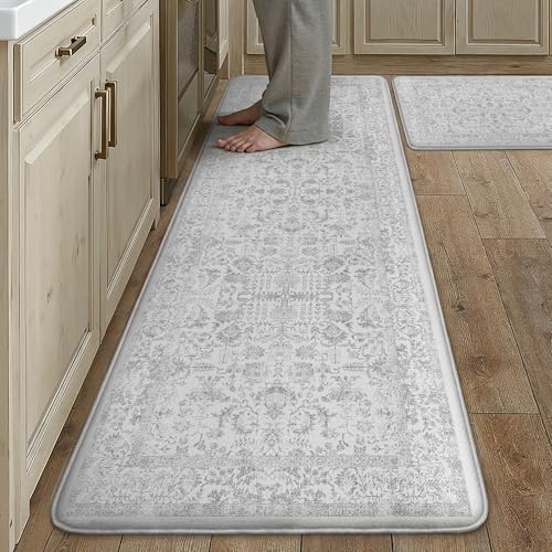 Kitchen Mats 2PCS Anti Fatigue Cushioned Mat Gray Vintage Kitchen Mats for Floor Waterproof Non Slip Comfort Standing Grey Retro Floral Rug for Sink L