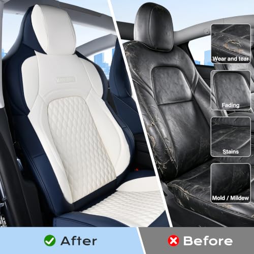 Image of Coverado Front Seat Covers for Tesla Model 3, New Car Seat Covers, Front 2PCS Leatherette Car Seat Cover Seat Protector Custom for Tesla Model 3 2024-2025 New BlueWhite
