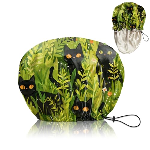 Cabreche Luxury Shower Cap Satin Silk Lined Adjustable Elastic Reusable Waterproof Shower Bath Cap Cute for Women Girls-Grass Black Cat