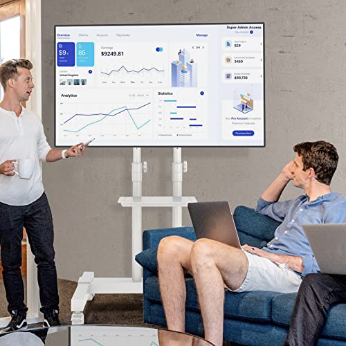 Mobile Tv Stand Rolling Tv Cart Floor Stand With Mount On Lockable Wheels Height Adjustable Shelf For 32-80 Inch Tv Stand Flat Screen Or Curved Tvs Monitors Display Trolley Loading 110 Lbs, White #TOP2