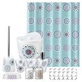 Teal Bathroom Accessories Set with Mandala Shower Curtain,9 Piece Bathroom Sets with Toothbrush Hold