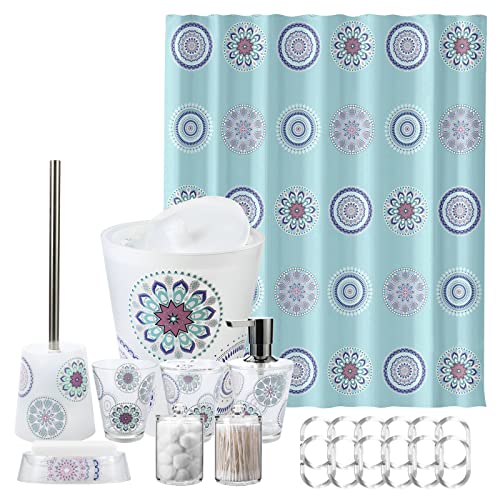 Teal Bathroom Accessories Set With Mandala Shower Curtain,9 Piece Bathroom Sets With Toothbrush Holder,Toothbrush Cup,Lotion Soap Dispenser,Soap Dish,Toilet Brush,Trash Can,Qtip Holder #TOP21