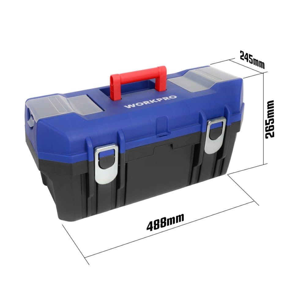 WORKPRO 19'' Metal Kilitli Plastik Takım Çantası, ABS Malzeme, 48.8x26.5x24.5 cm, 15 kg Taşıma Kapasiteli, 2 Şeffaf Bölmeli
