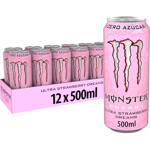 Monster Energy Ultra Strawberry, Bebida Energética Sin Azúcar- Pack 12 latas de 500 ml