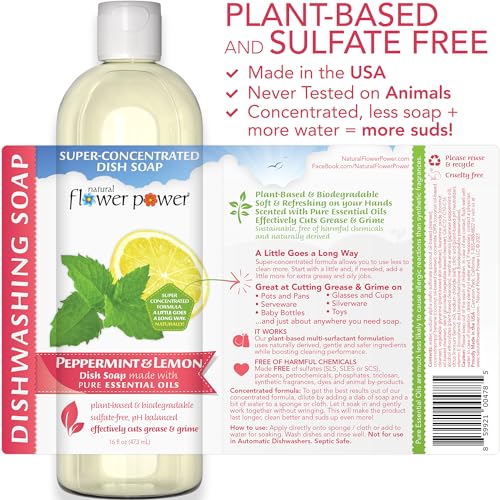 Image of Natural Flower Power - Plant-Derived Dish Soap - Sulfate-Free, Bio-Based, pH-Balanced, Vegan Cleaning Supplies - Peppermint & Lemon - 3 x 16 oz