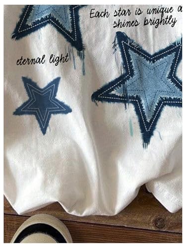 Women's Star Graphic Letter Print Tee Tops Casual Crewneck Short Sleeve T Shirt4