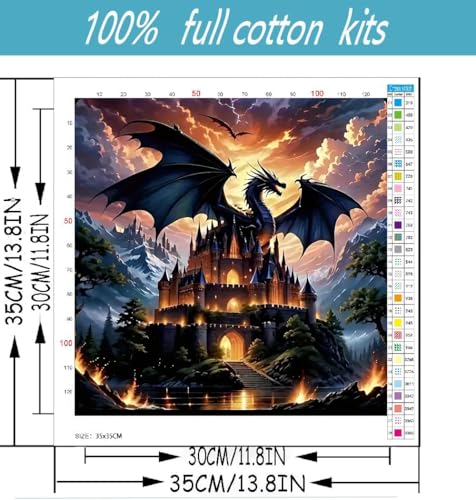 Image of Dragon Stamped Cross Stitch Kits for Beginners Adults, Castle Dimensions Needlepoint Art Crafts,Counted Cross Stitch Kits Embroidery Kits for Beginners Adults for Home Decor 13.8X13.8inch