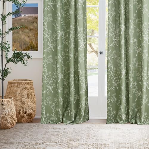 PONY DANCE Cortinas Dormitorio Tranlucidas de Lino, Curtains for Living Room Semi Opacas con Motivos de Pájaros y Flores con Ojales 2 Piezas,140x245cm,Verde