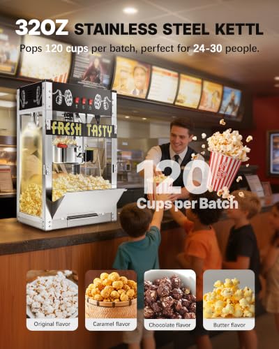 Image of 32 Oz Commercial Popcorn Machine, Large Popcorn Maker Machine, Movie Theater Countertop Pop Corn Machine with 3-Switch Control & Tempered Glass Doors, Black