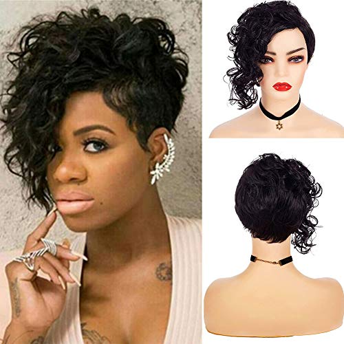 Kaneles Short Black Curly Side Part Wigs for Black Women Synthetic Short Pixie Cut Wigs Heat Resistant Hair Full Wigs