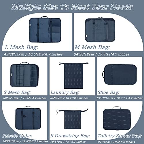 Brynnl Travel Organiser Packing Bags, 8 PCS Travel Packing Cubes Set for Suitcase Waterproof Luggage Packing Organizers Storage Bags Travel Compression Suitcase Bag for Clothes Shoes (Navy)