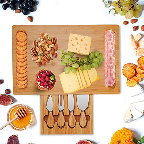 Bamboo Cheese Board And Knife Set, Cheese Plate Charcuterie Platter Serving Tray For Wine, Crackers, Brie And Meat, Large Thick Wooden Server, Fancy House Warming Gift For Gourmets (16''X10'') #TOP5