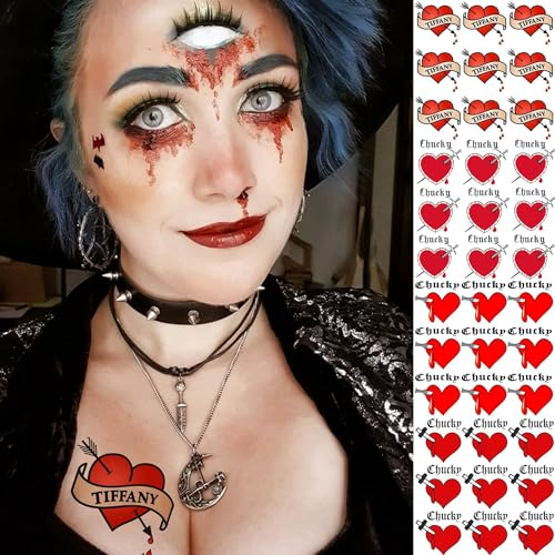 COKTAK 36 PCS Bride of Chucky Tattoo Heart for Women Men, Kids & Adults, Halloween Zombie Makeup Kit - Image 4