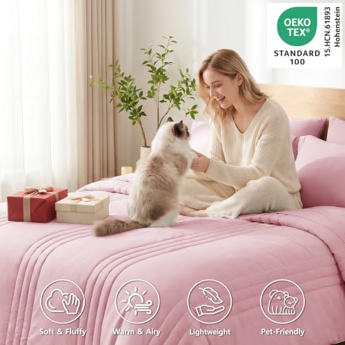 Image of CozyLux King Size Comforter Set Pink - 7 Pieces Bed in a Bag, Modern Vertical Quilted Room Decor, Soft All-Season Bedding Gift with Comforter, Sheets, Pillowcases & Shams