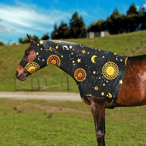Image of Horse Slicker Hood with Zipper: Snug Fit, No-Ears Design, and Extra Large Eye Holes for Face, Shoulders, Mane, Chest, and Withers - Perfect for Show-M(Orange Sun)