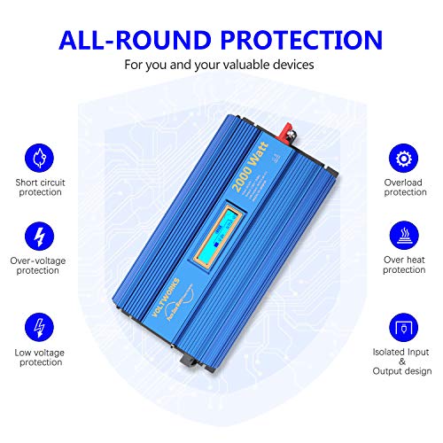 Pure Sine Wave Power Inverter 2000Watt car Converter DC 12V to 120V AC with 2 AC Outlets 2x2.4A USB Ports Remote Control and LCD Display by VOLTWORKS (12VBlue)